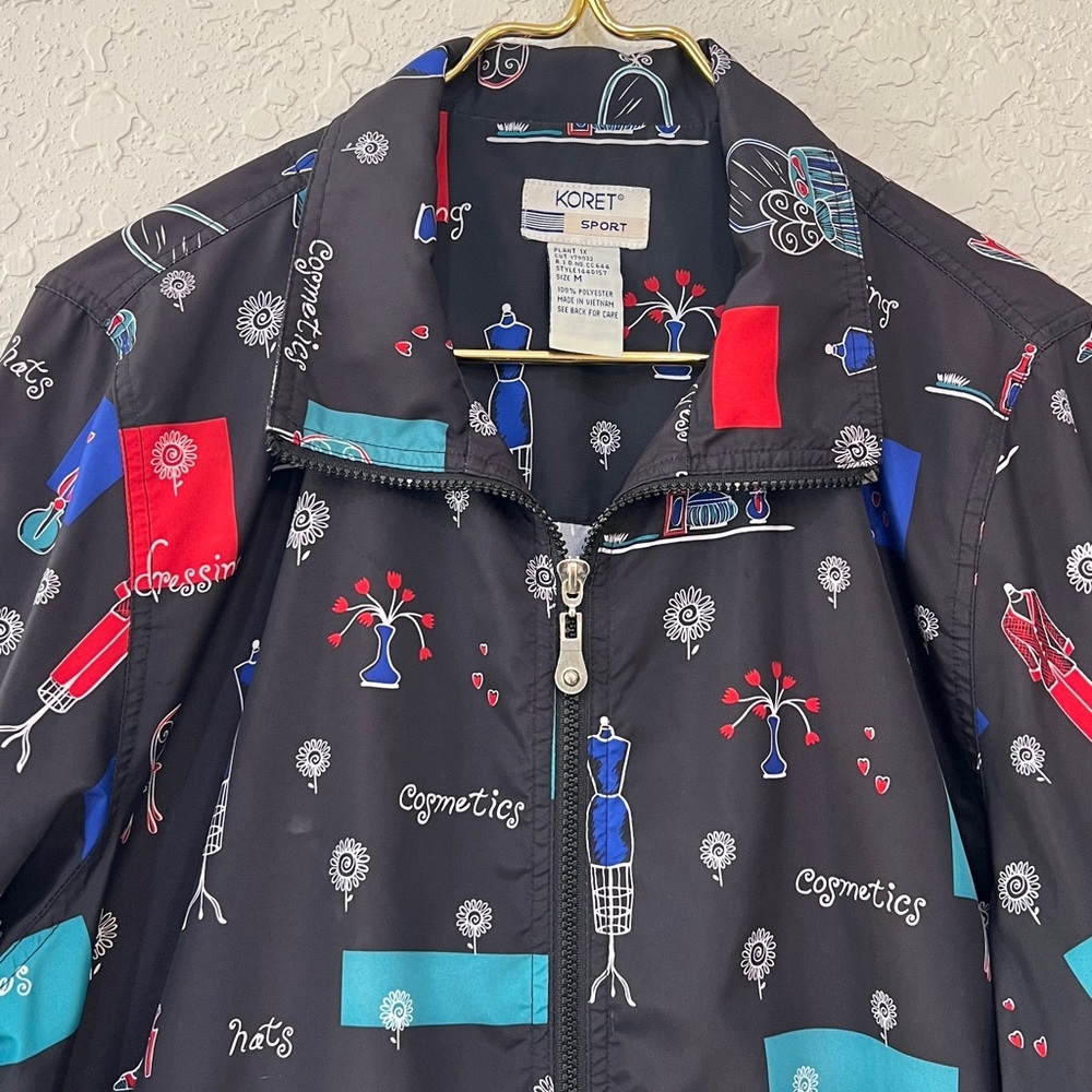 Vintage Koret Sport Novelty Print Windbreaker Jacket Black Zip Front M - Picture 3 of 11